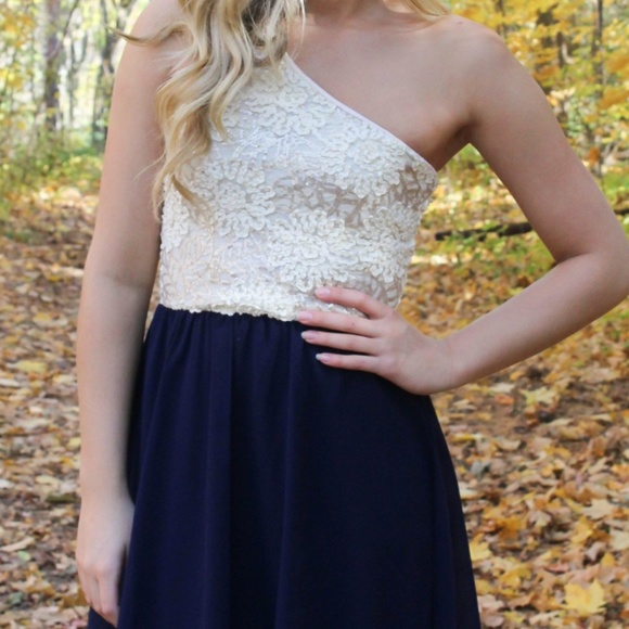 One Shoulder Navy Cream sequin chiffon dress. - Picture 6 of 6